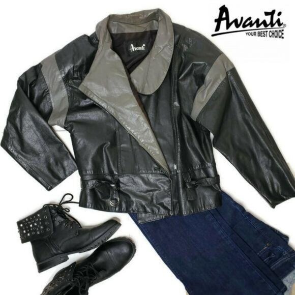 Avanti vintage Womens Leather Jacket Size 8 Black & Gray Asymmetrical Zip moto - Picture 1 of 11
